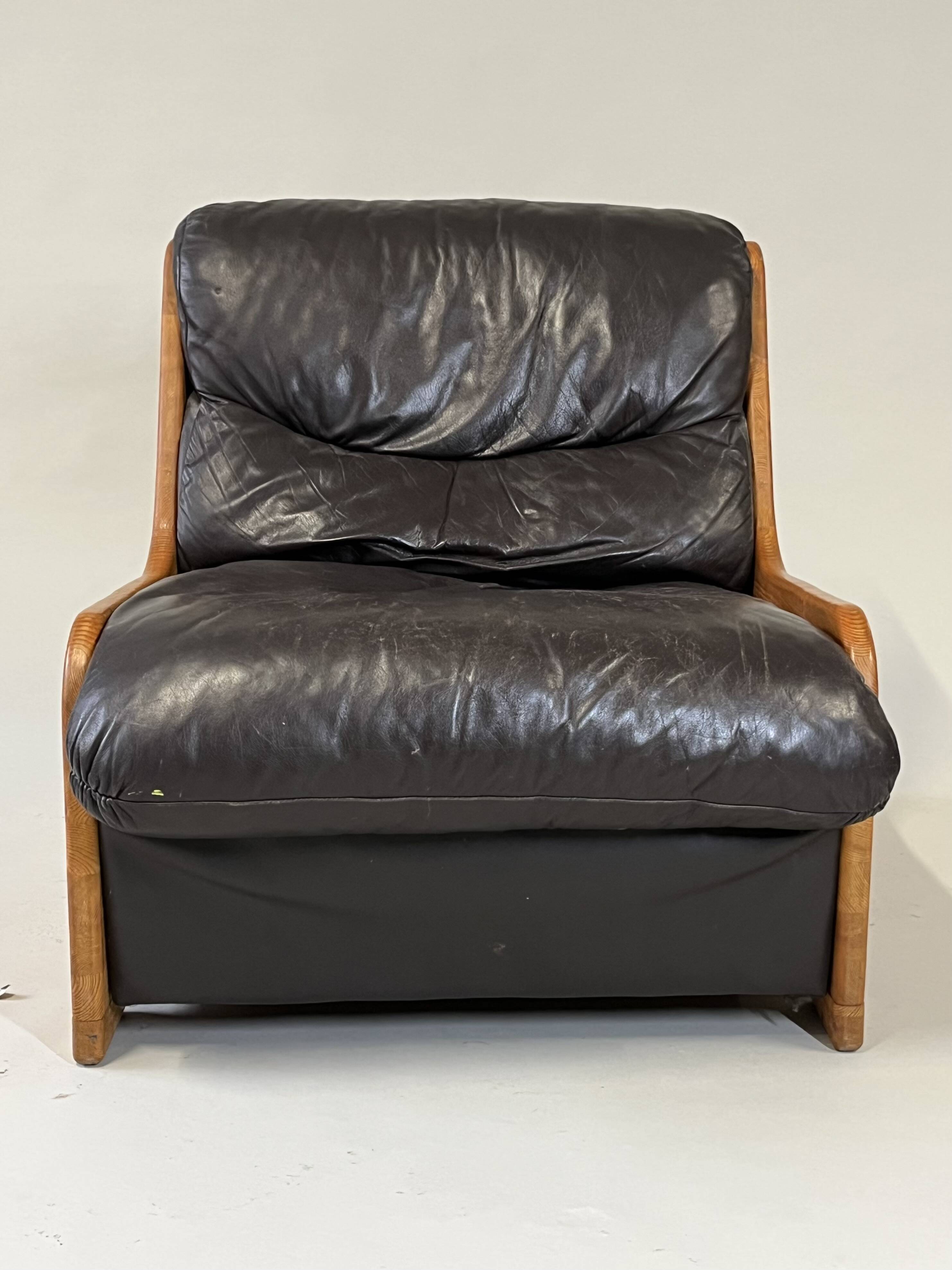 Vintage Brutalist Leather Armchair, 1960s–1970s