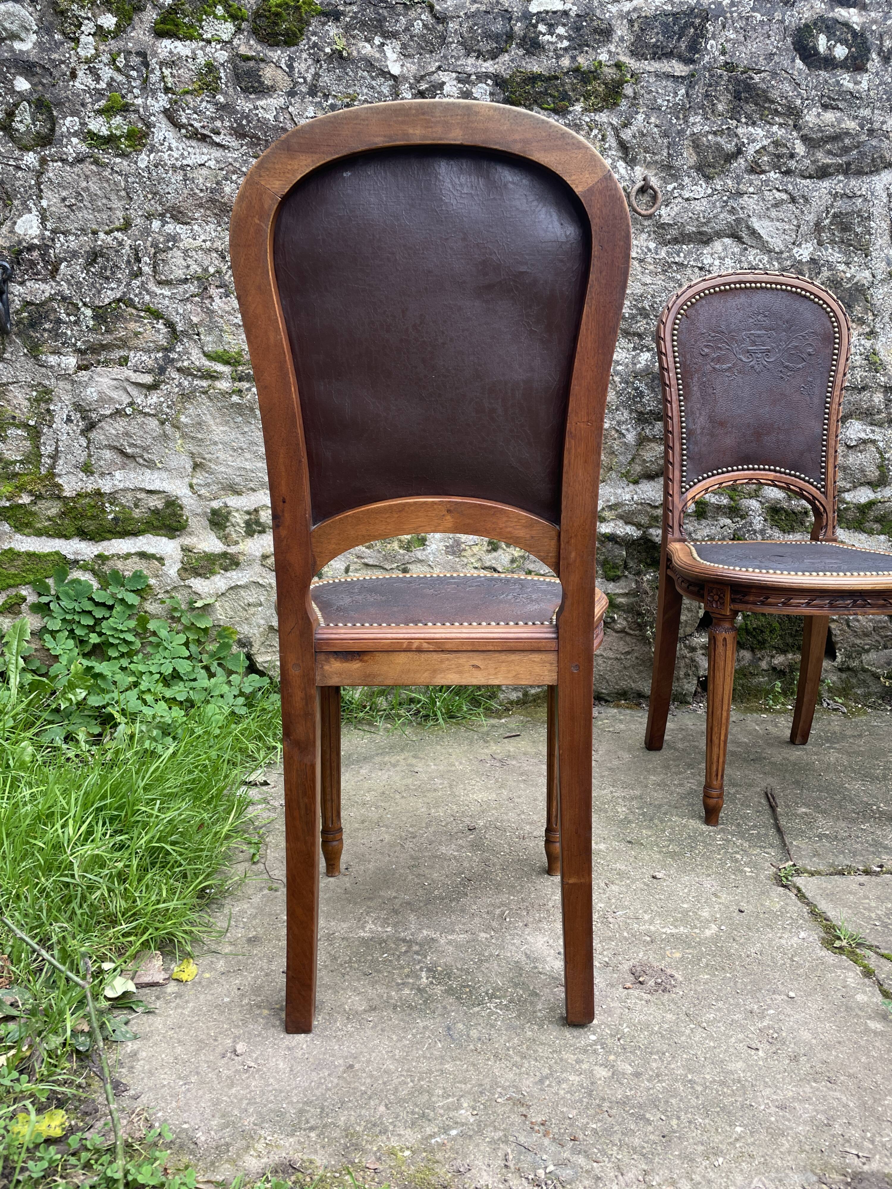6 Louis XVI style chairs in solid beech and Cordovan leather, 1900