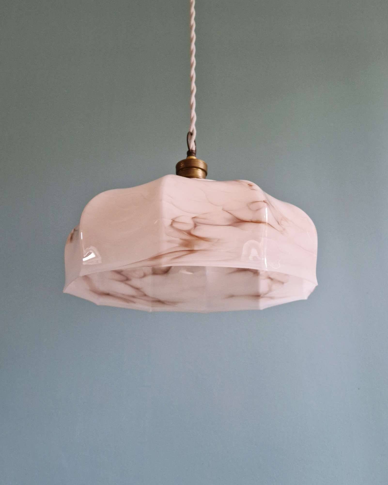 Art Deco pendant light in pink marbled opaline, Scailmont, 1920-30