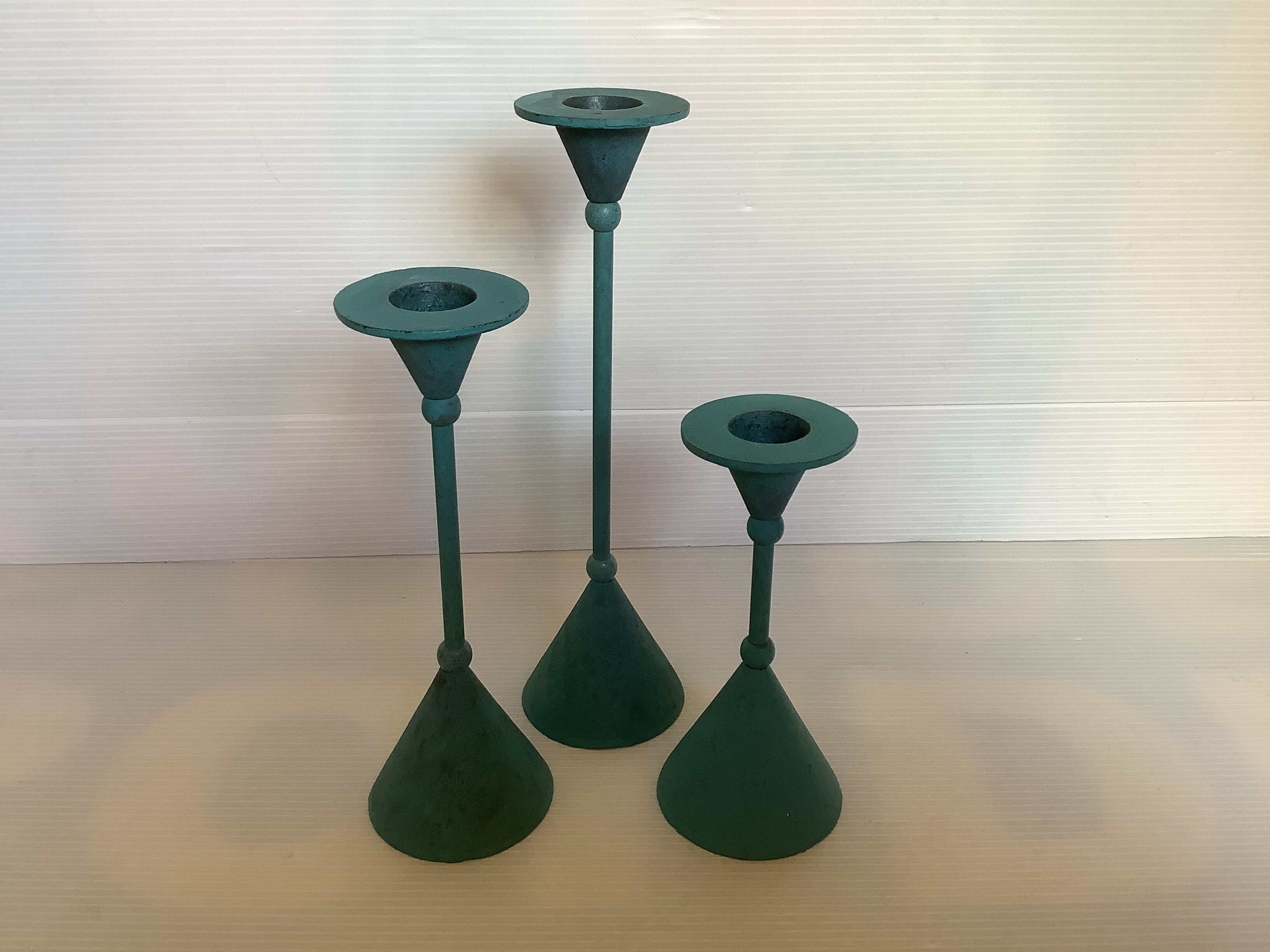 Trio of candlesticks patinated blue green vintage