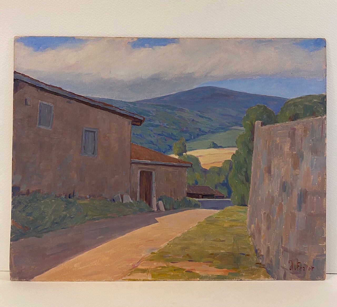 Old painting, Landscape Monts du Lyonnais, signed and dated 1946