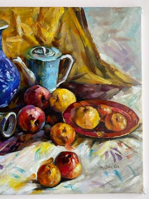 Ancient painting, still life with fruit, vase and teapot, signed, 20th century