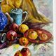 Ancient painting, still life with fruit, vase and teapot, signed, 20th century