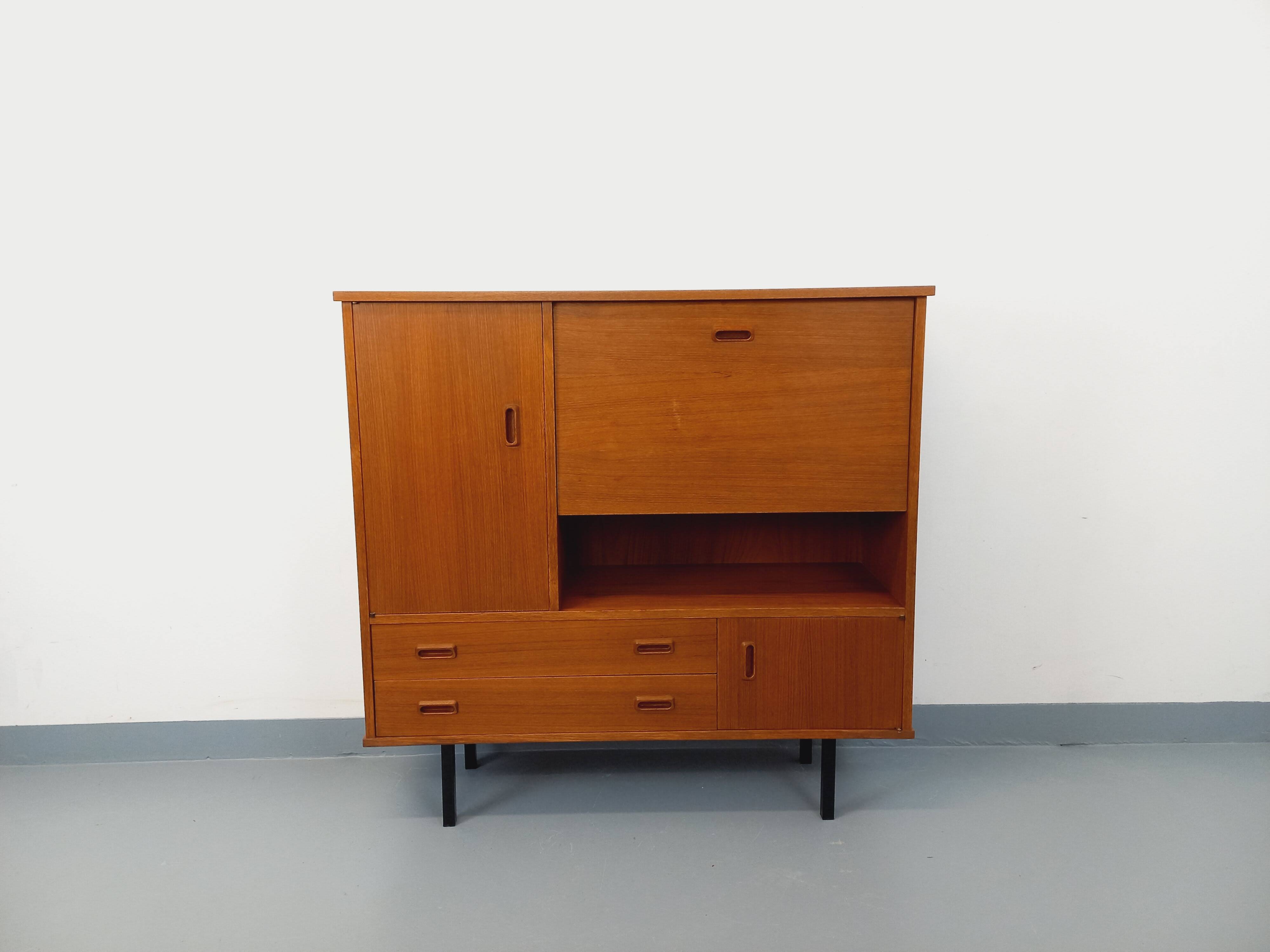 Vintage Scandinavian style secretary bookshelf storage furniture.