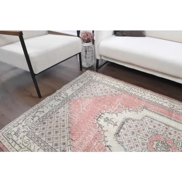 Tapis vintage turc Oushak fait main en laine et coton rose