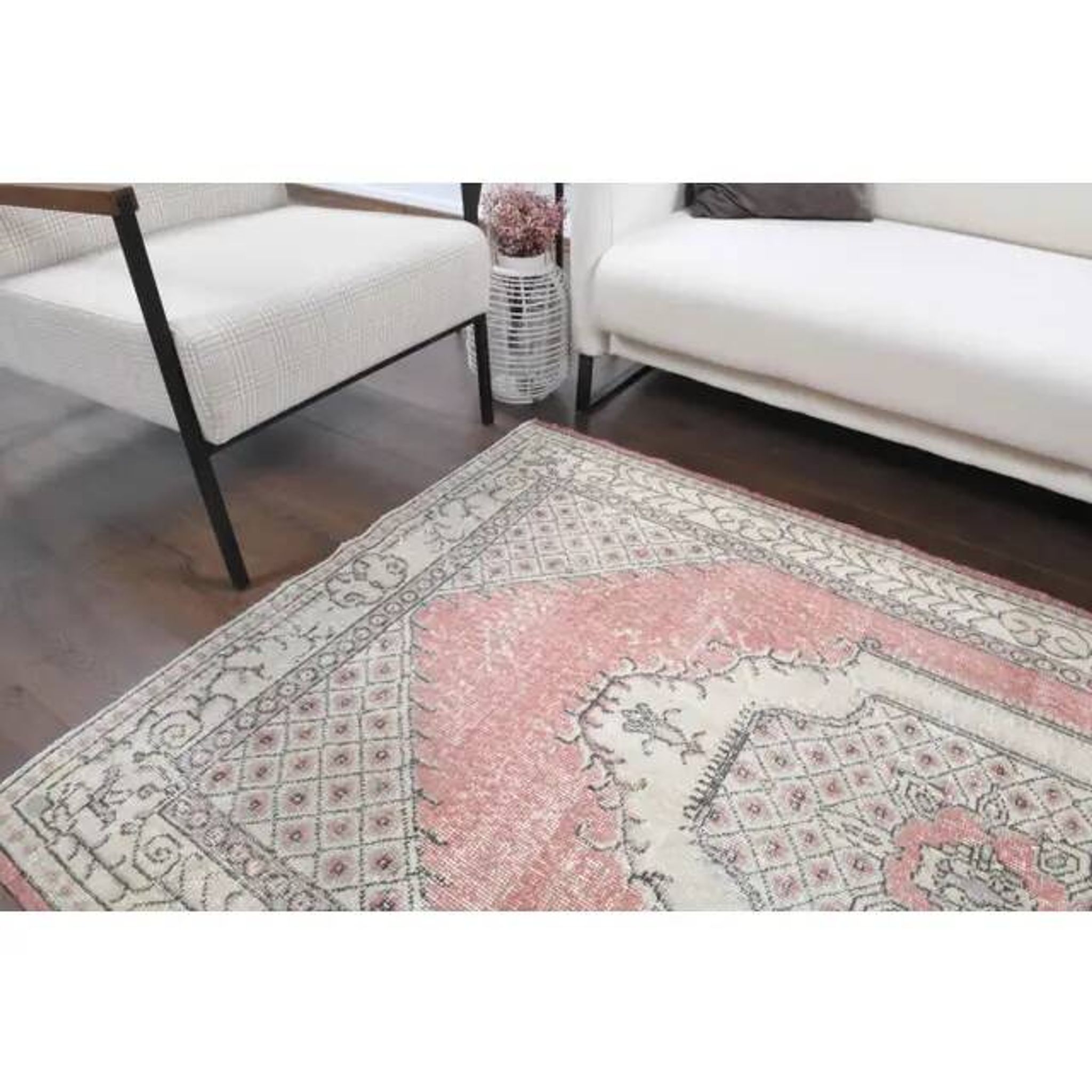 Vintage Turkish Oushak Handmade Wool Cotton Pink Area Rug 122x209