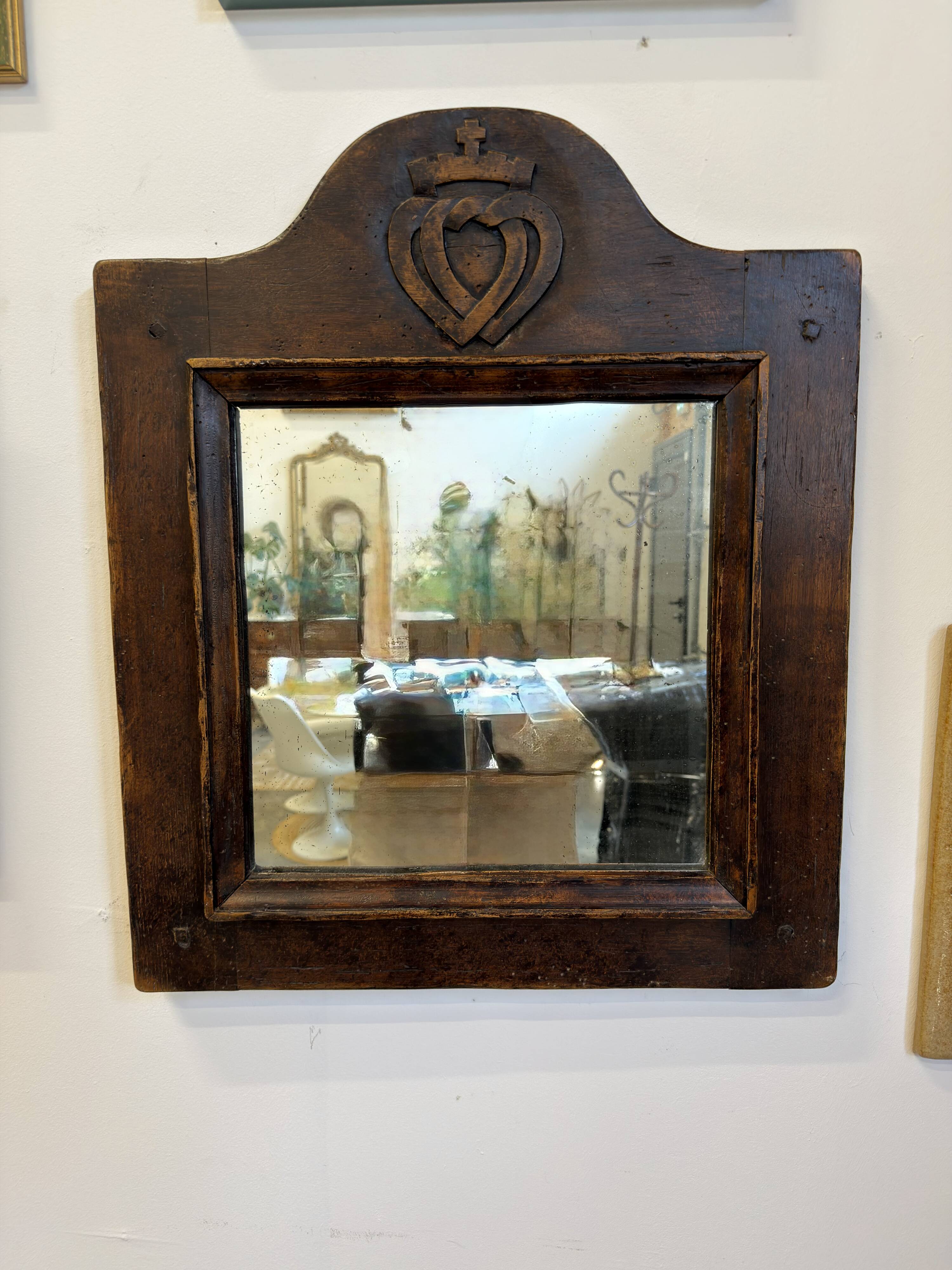 Antique carved wooden mirror – Sacred Heart decoration – 19th century