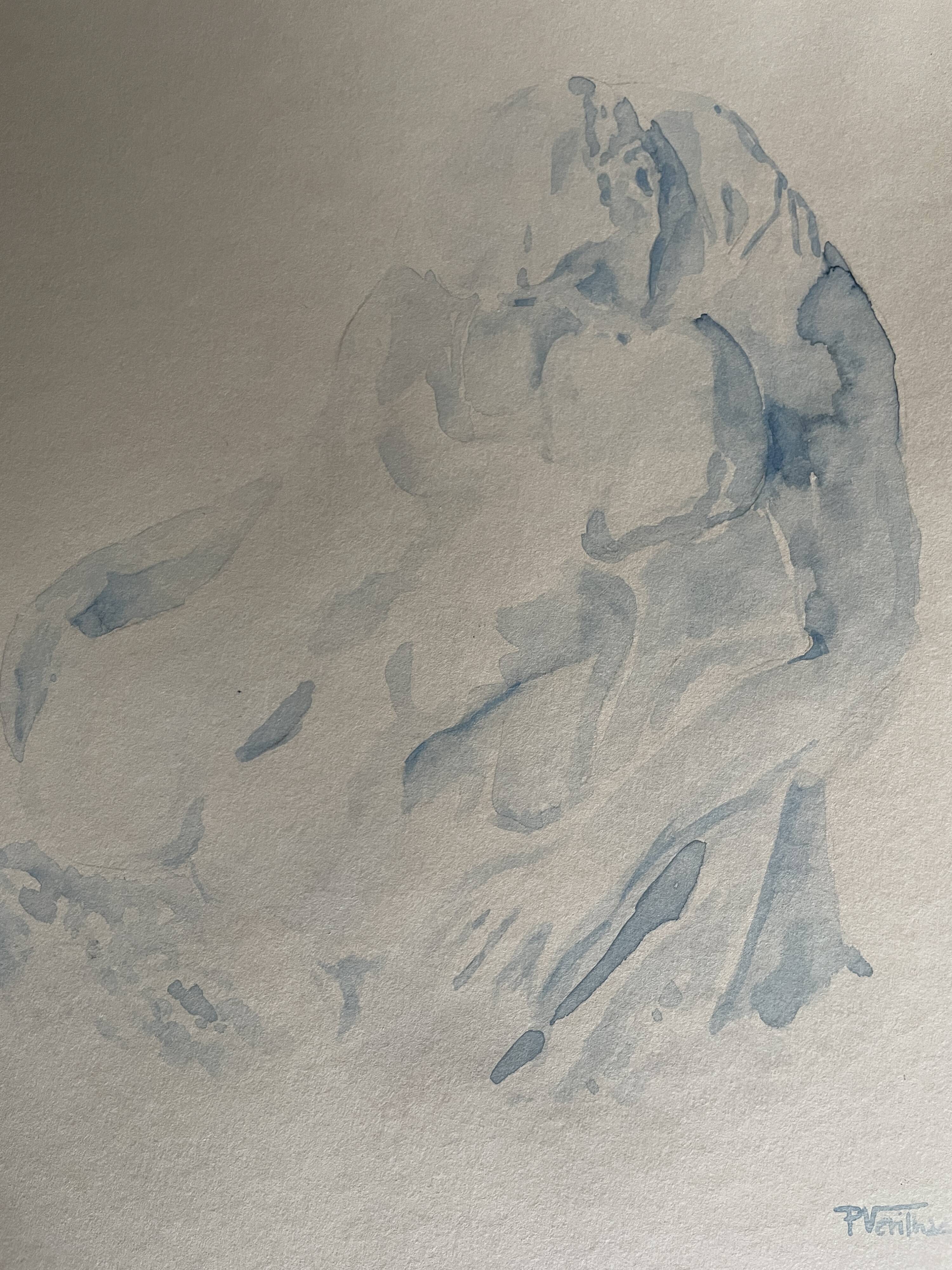 Signed watercolour monochrome blue study of the statue "The Kiss by Rodin"