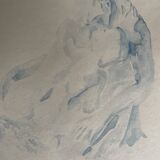 Tableau signé aquarelle monochrome bleue étude de la statue  « le baiser de Rodin »