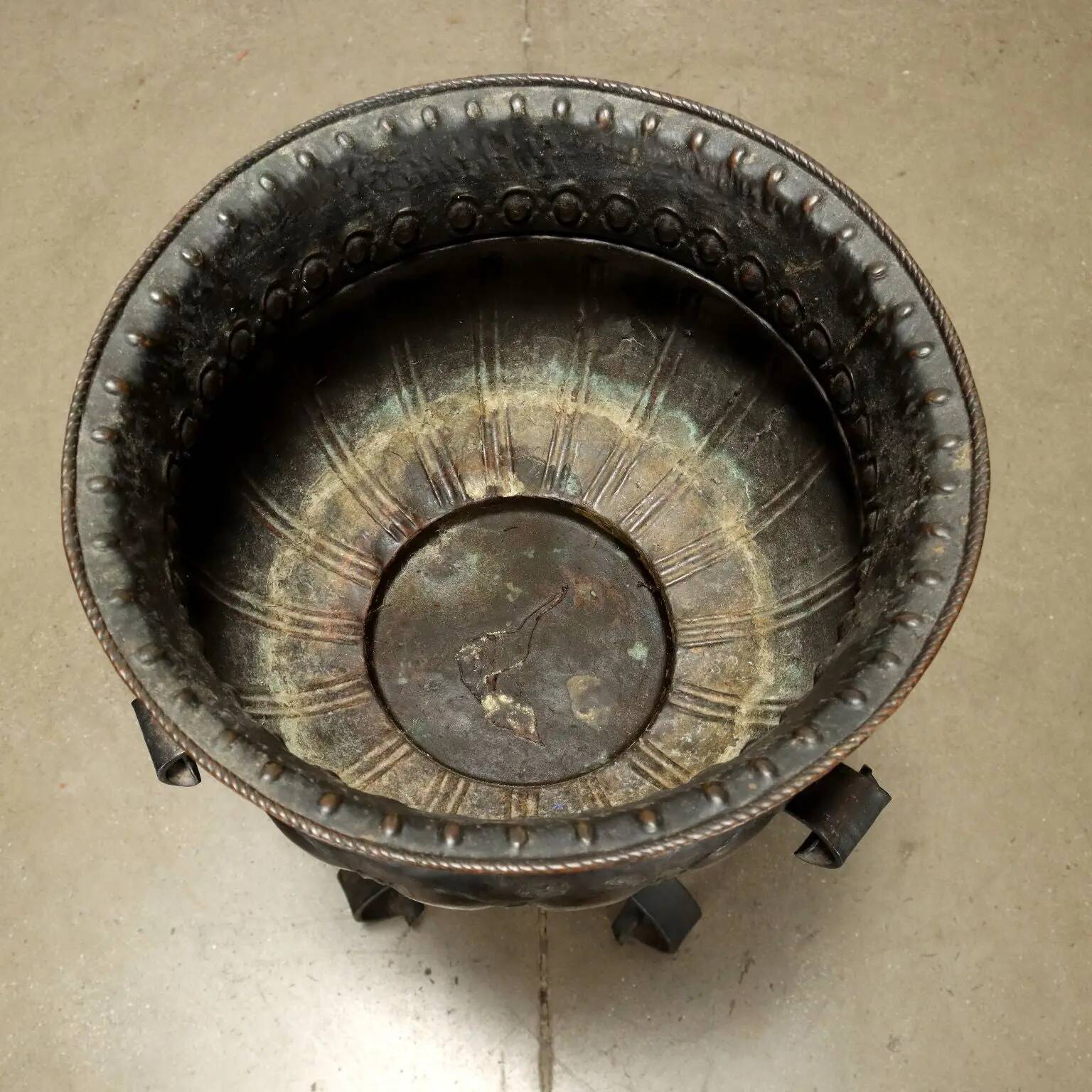Antique three-legged wrought iron planter with basin, Italy, 20th century