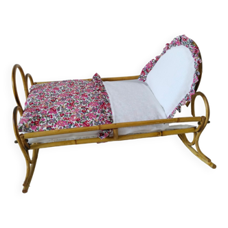 Rattan doll's cradle bed, old, restored, Liberty style fabric, 70s