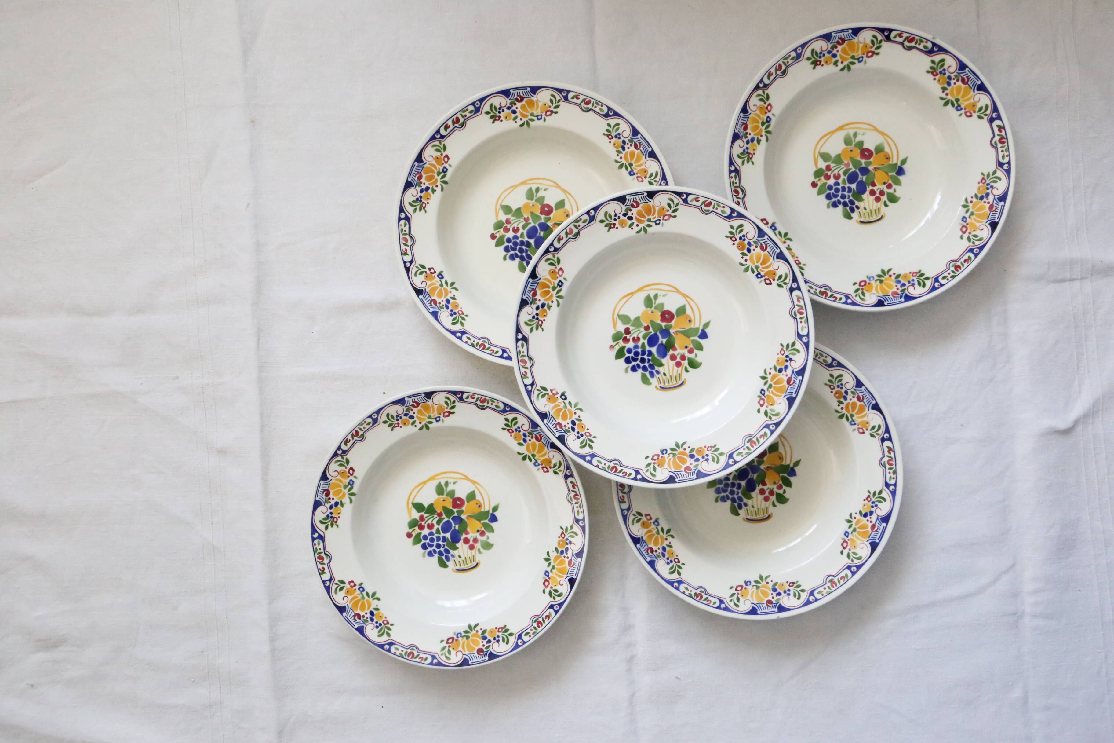 Set of 5 Boch soup plates, Fructidor service, vintage