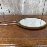 Ancien miroir verre biseauté face a main laiton + manches metal vintage