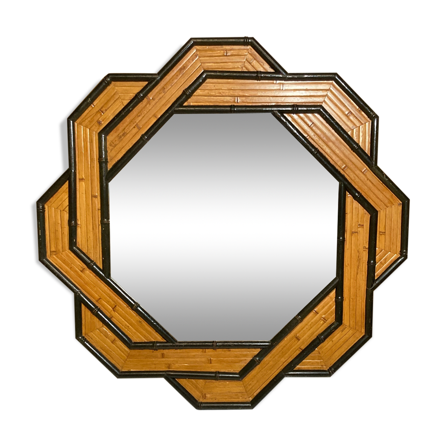 Large ( 93 cm ) octagonal palm beach bamboo rattan wicker mirror, 1960s