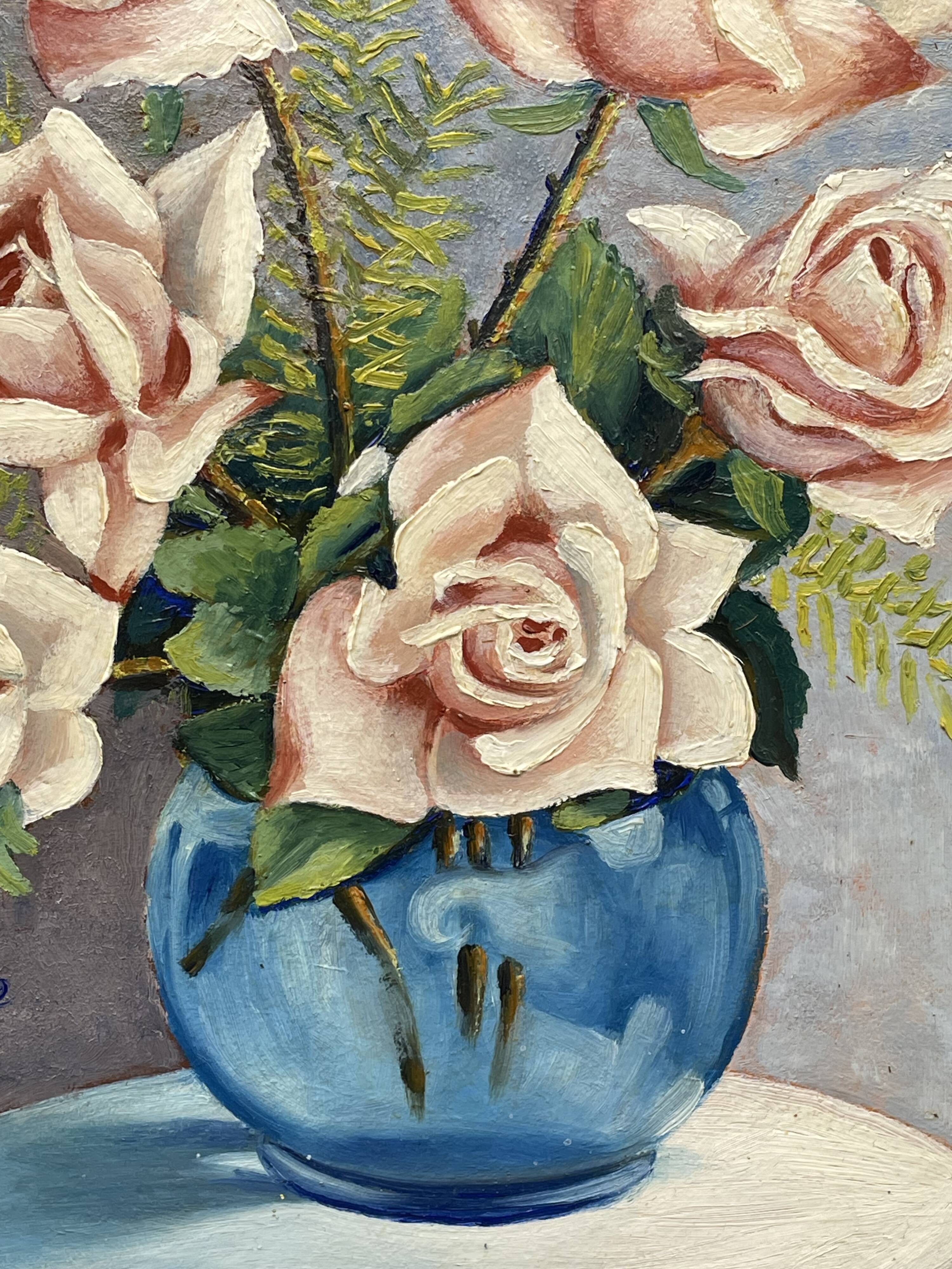 Still life with roses – Signed oil, blue vase, vintage gold frame