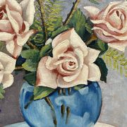Still life with roses – Signed oil, blue vase, vintage gold frame