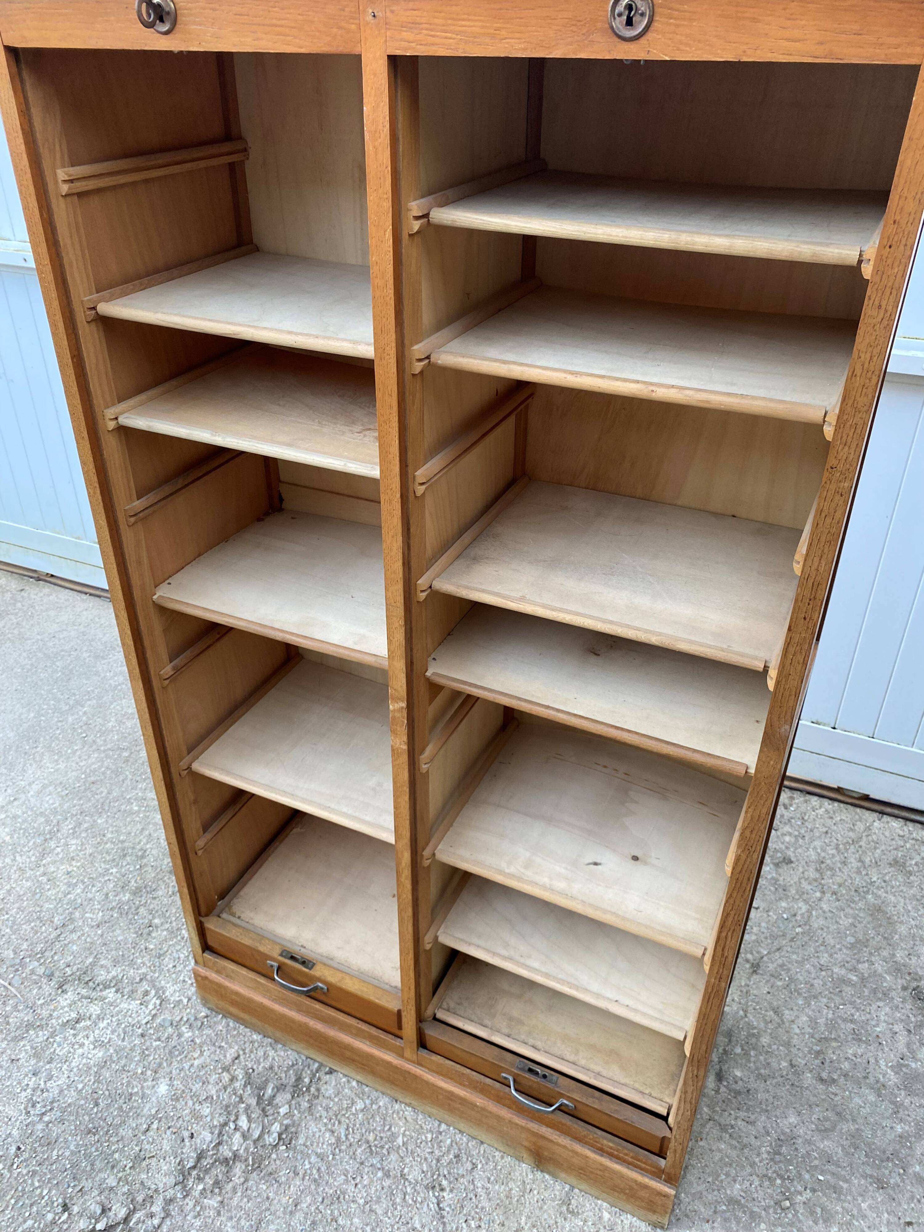 Antique oak double-column roll-top filing cabinet, circa 1950
