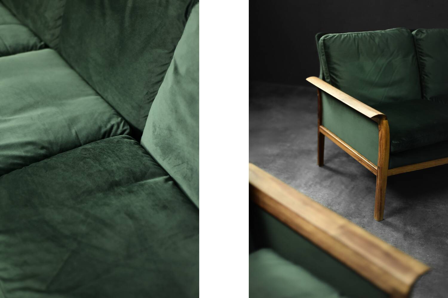 Vintage Mid-Century Modern Rosewood & Green Velour 3-Seater Sofa and Chair