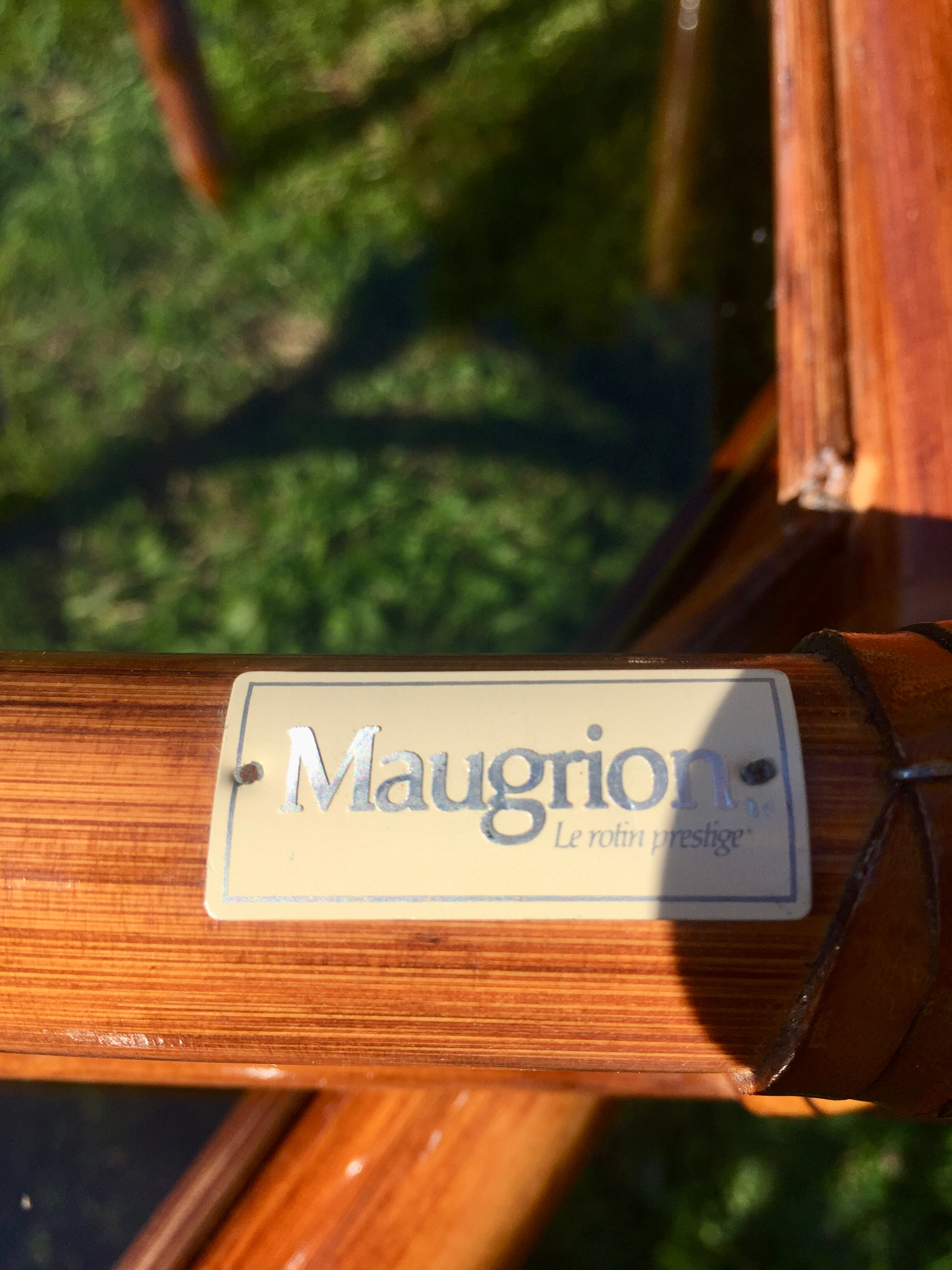 Bamboo pull-out table / leather and vintage glass