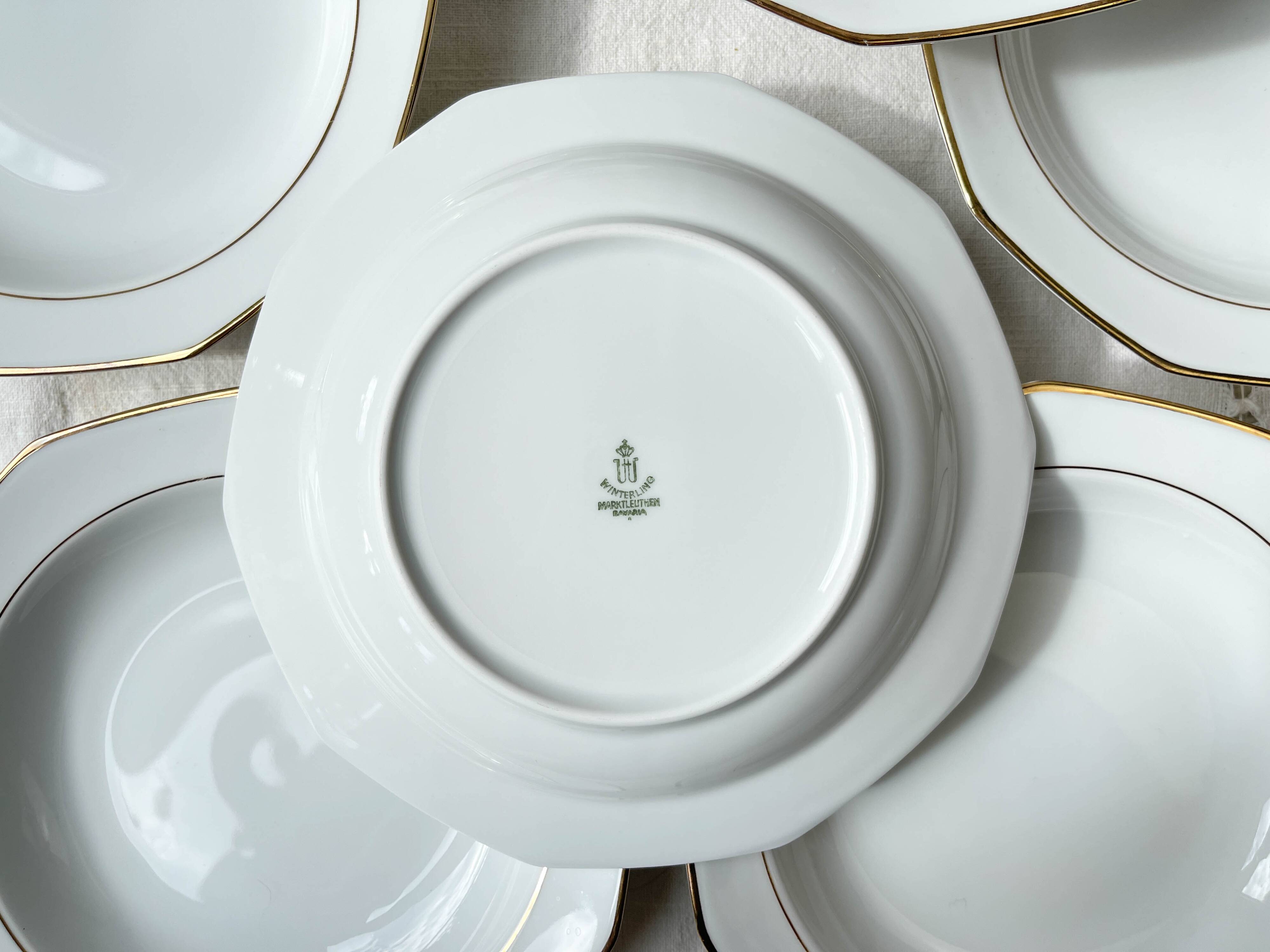 7 Winterling Marktleuthen Bavaria porcelain soup plates in white and gold