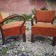 Pair of Thonet armchairs from 1930 in wood and orange/brown fabric, Art Deco style.