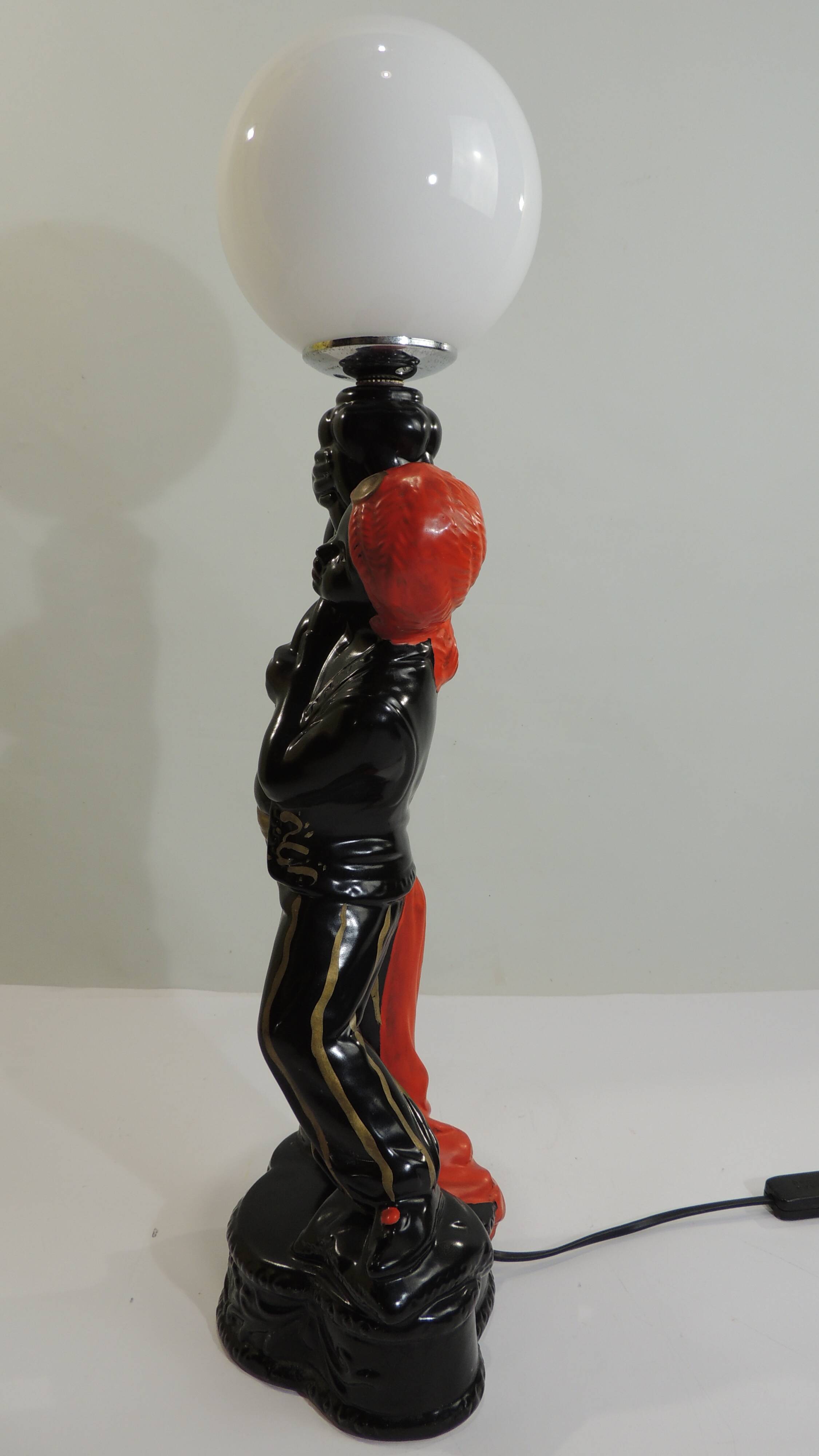 Vintage 1970s statue lamp – Black figurine in Art Deco style, opal ball.