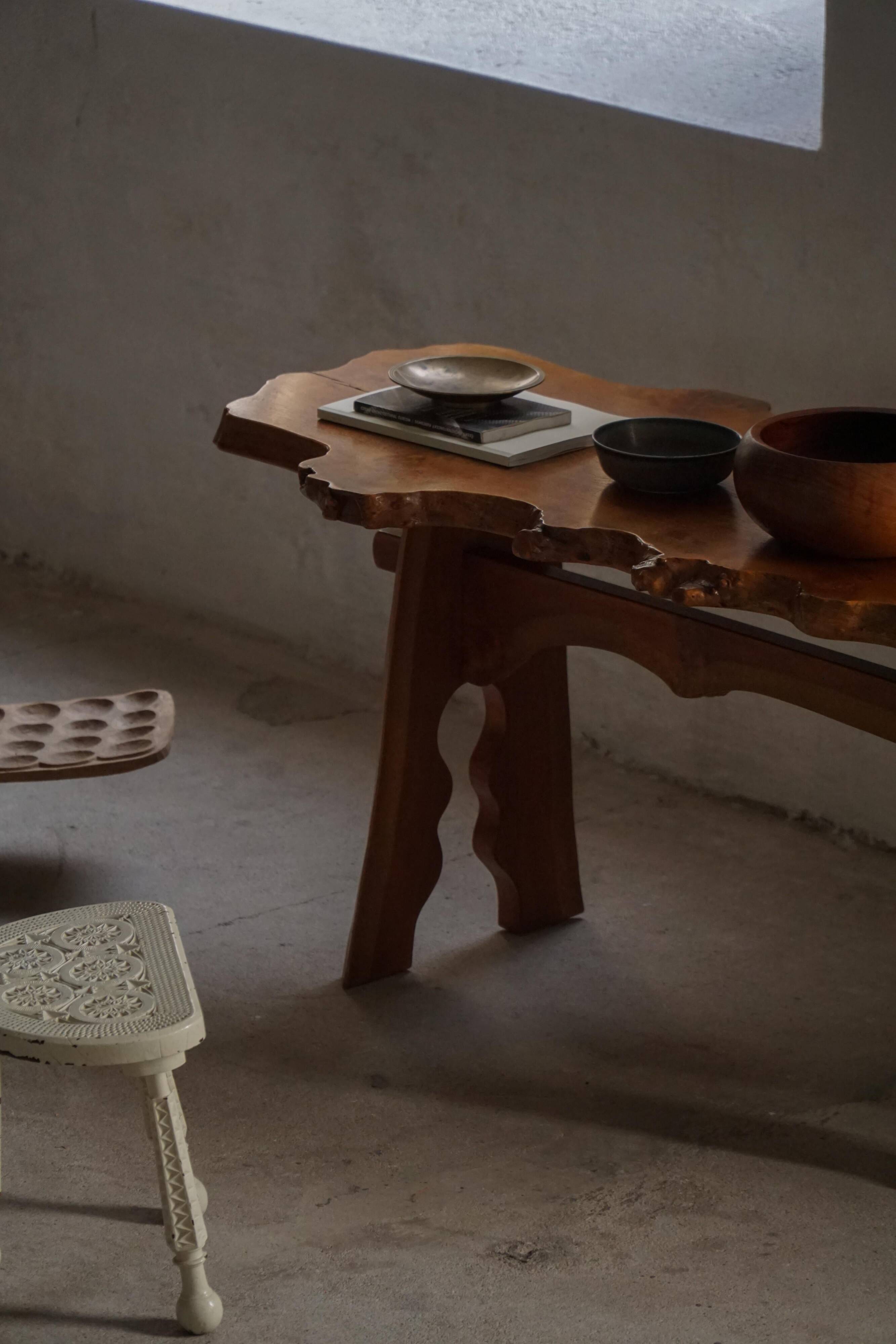 Mid-century Scandinavian coffee table made of solid elm wood, wabi-sabi style, 1960s.