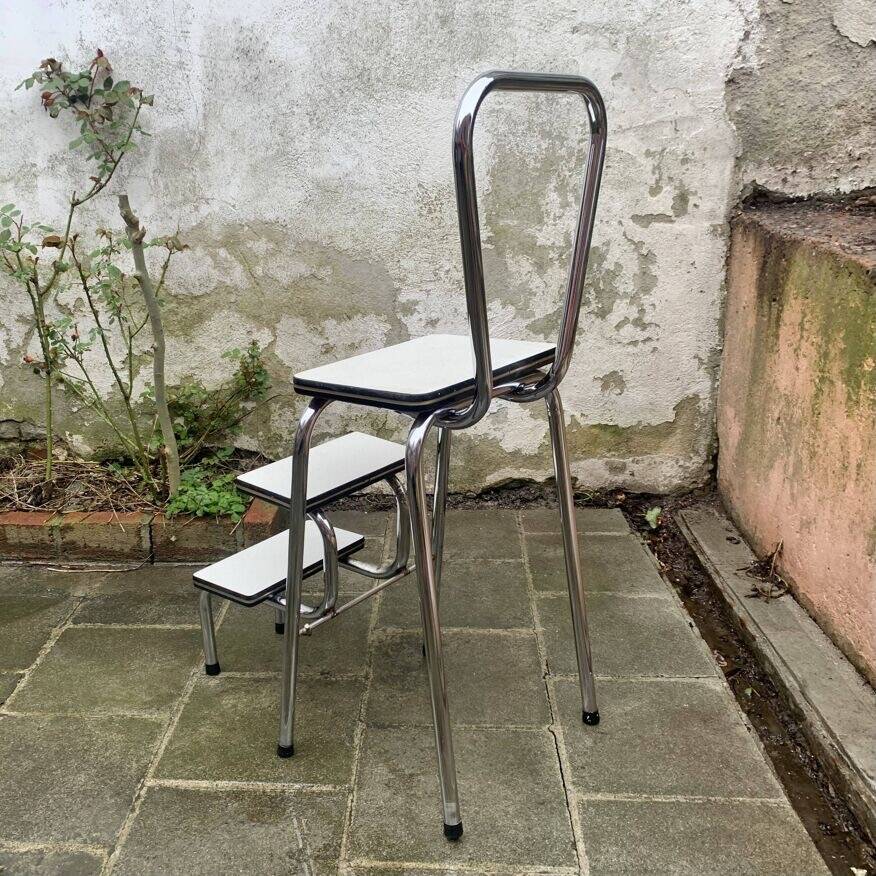 Vintage stepladder in Formica, wood and chromed metal