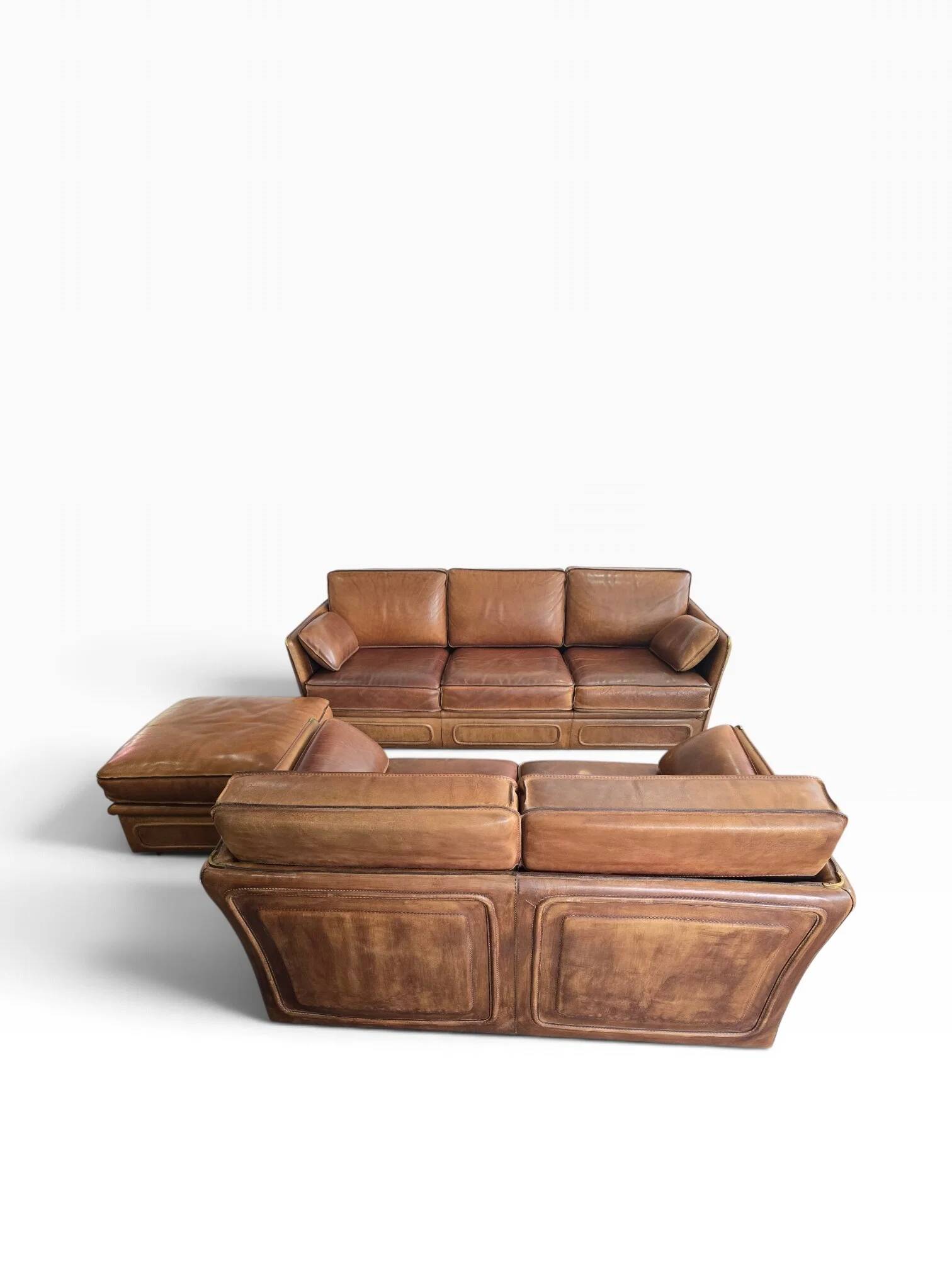 Roche Bobois vintage lounge from the 80s – cognac buffalo leather – 2 sofas + pouf