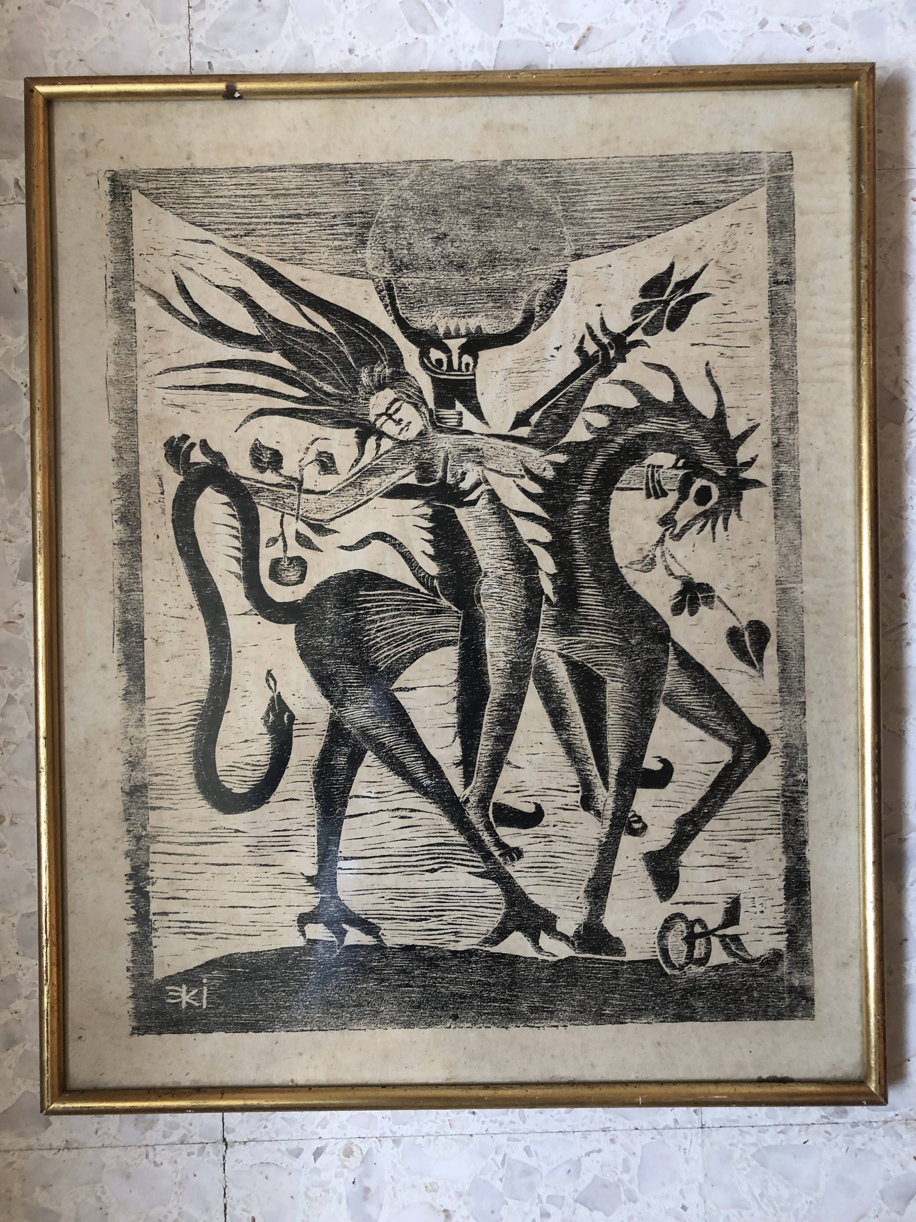 Black lithograph demon on horse carrying a young woman (eve) signed 3ki, surrealism glass frame