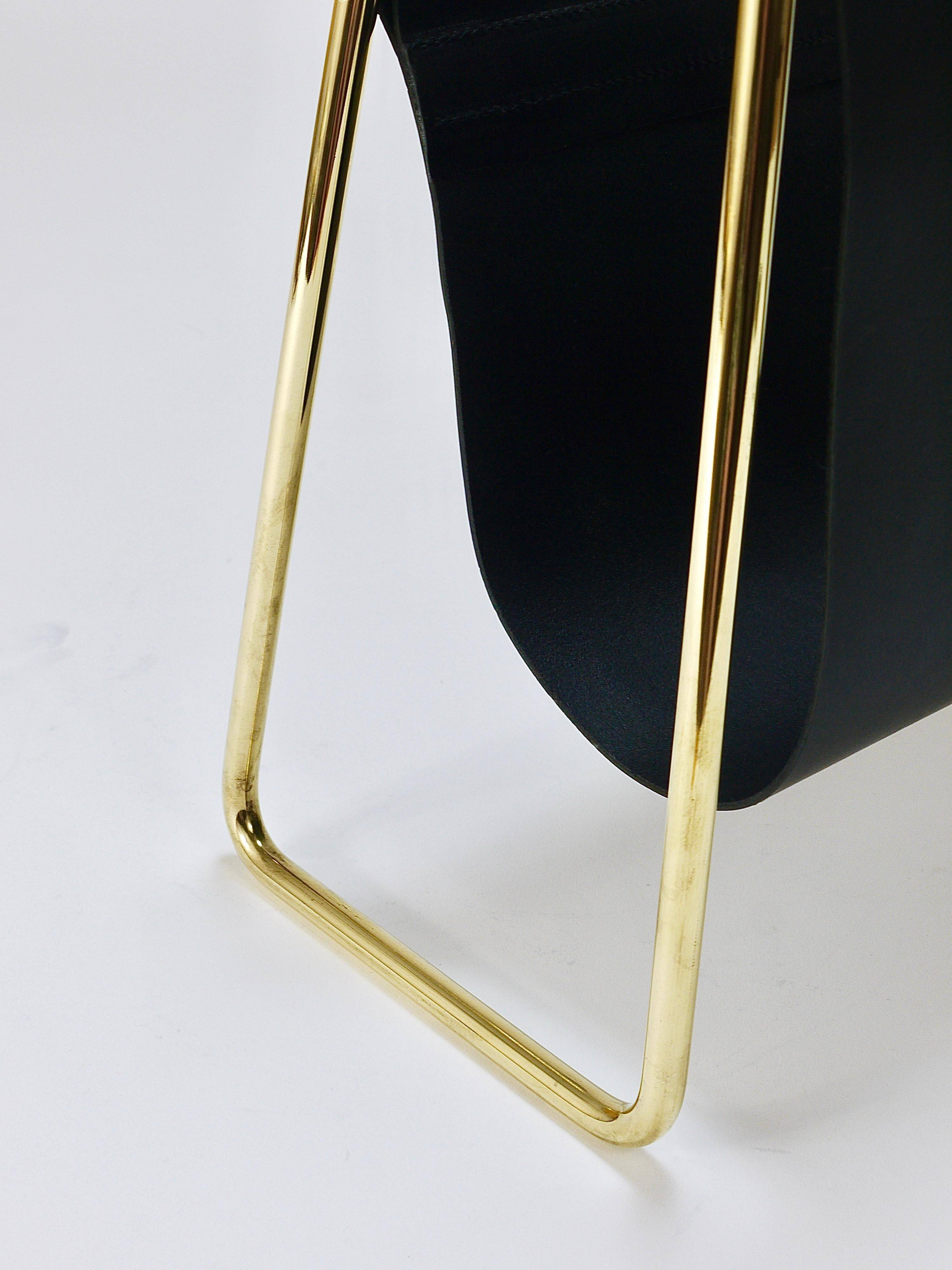 Carl Auböck II Midcentury magazine rack, brass and black leather, vintage, Austria