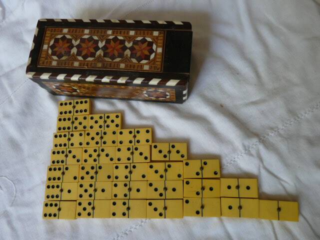 Antique Box of 28 Dominoes in Vintage Syrian Marquetry