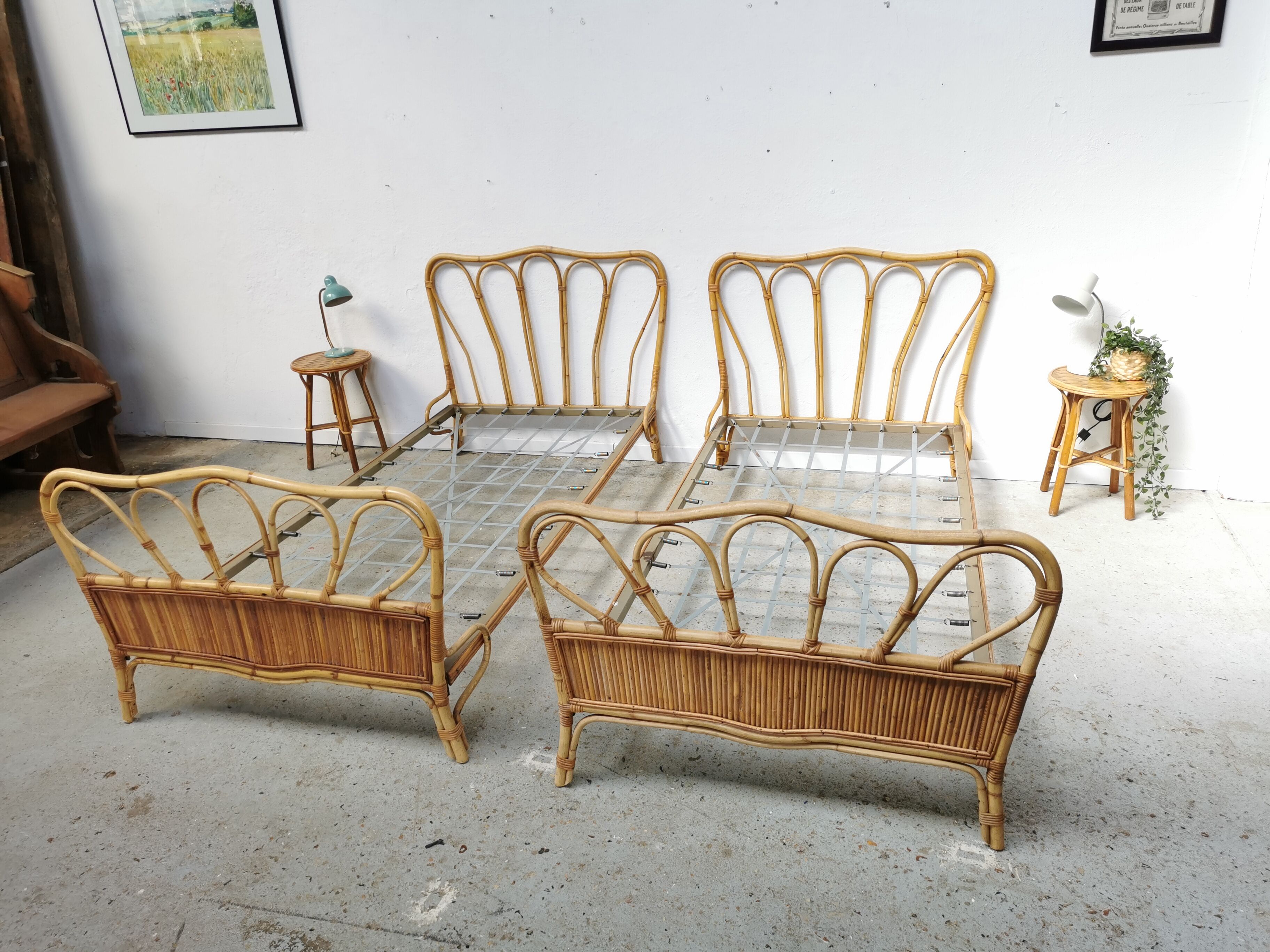 Pair of vintage rattan beds