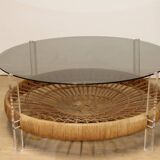 Table basse vintage en verre, rotin et lucite années 70