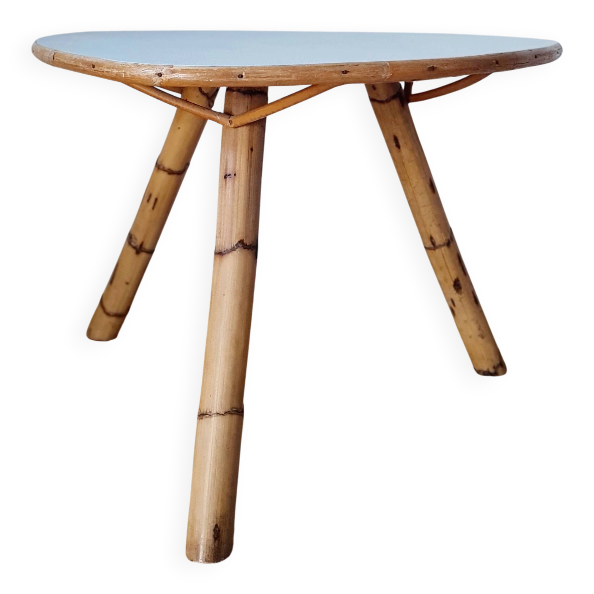 Tripod coffee table – Rattan & Bamboo – Sky blue top – Vintage 60s
