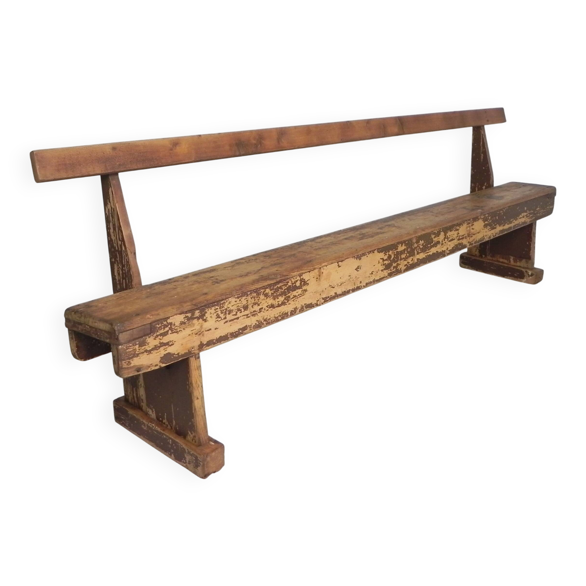 Pine bench with backrest, 2.5 metres long, 1950s.