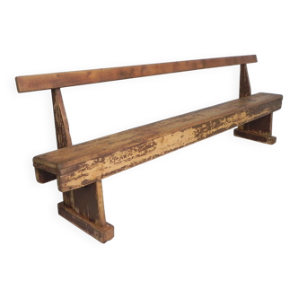 Pine bench with backrest, 2.5 metres long, 1950s.