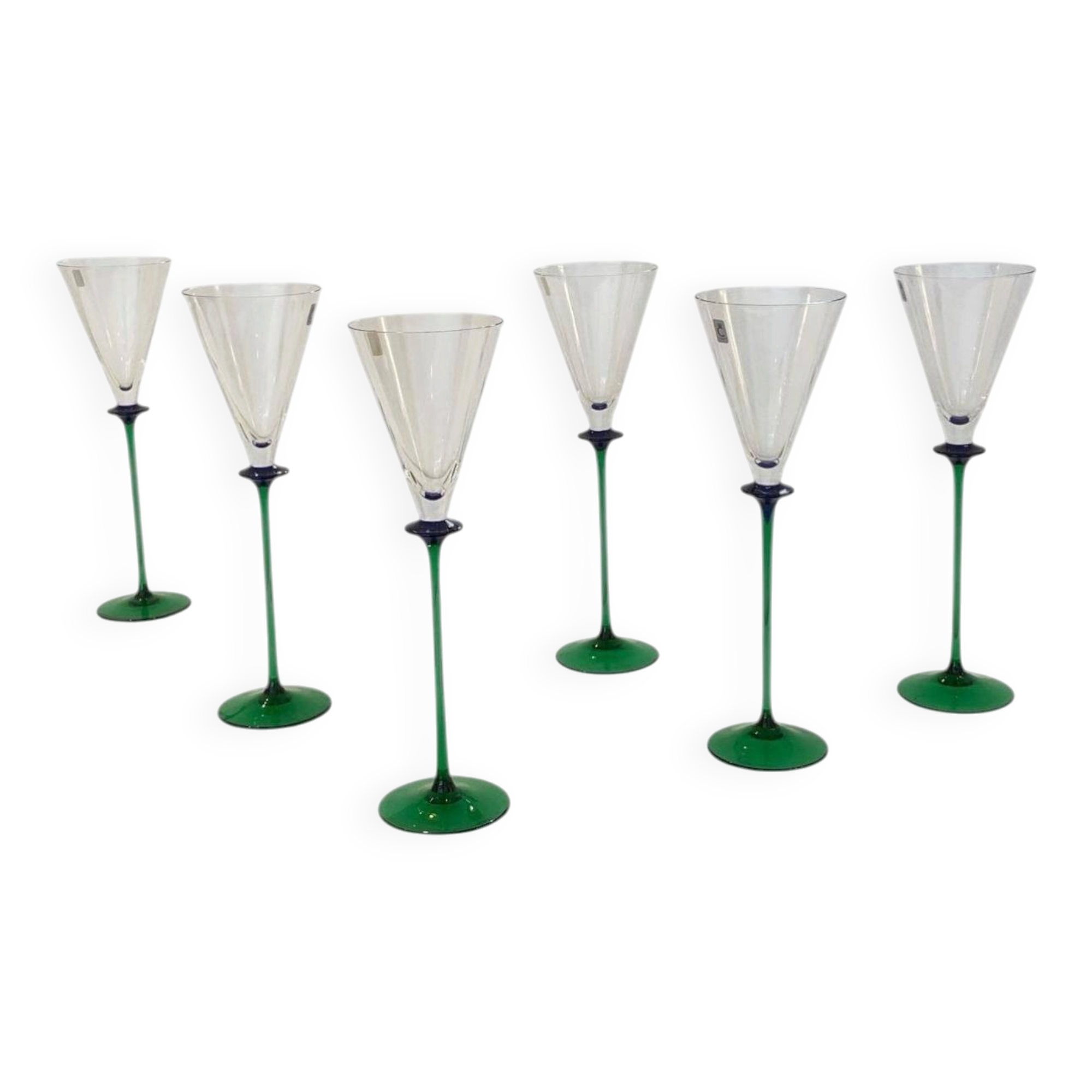 A Set of 6 Hand-blown Emerald Green Cobalt Blue Stem Champagne Flutes Art