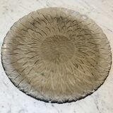 Round dish in smoked glass flower pattern 70s