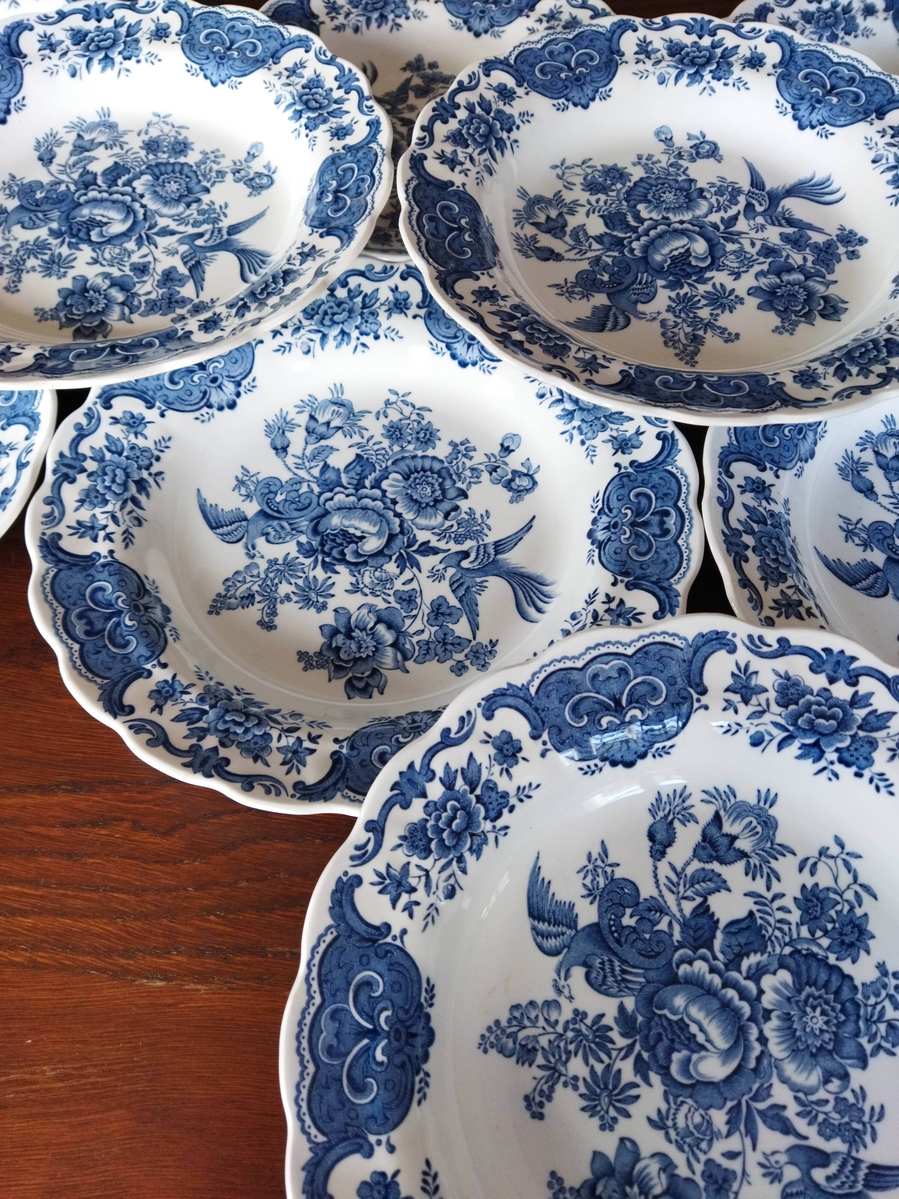 12 assiettes creuses anglaises Ridgway "Windsor" bleu