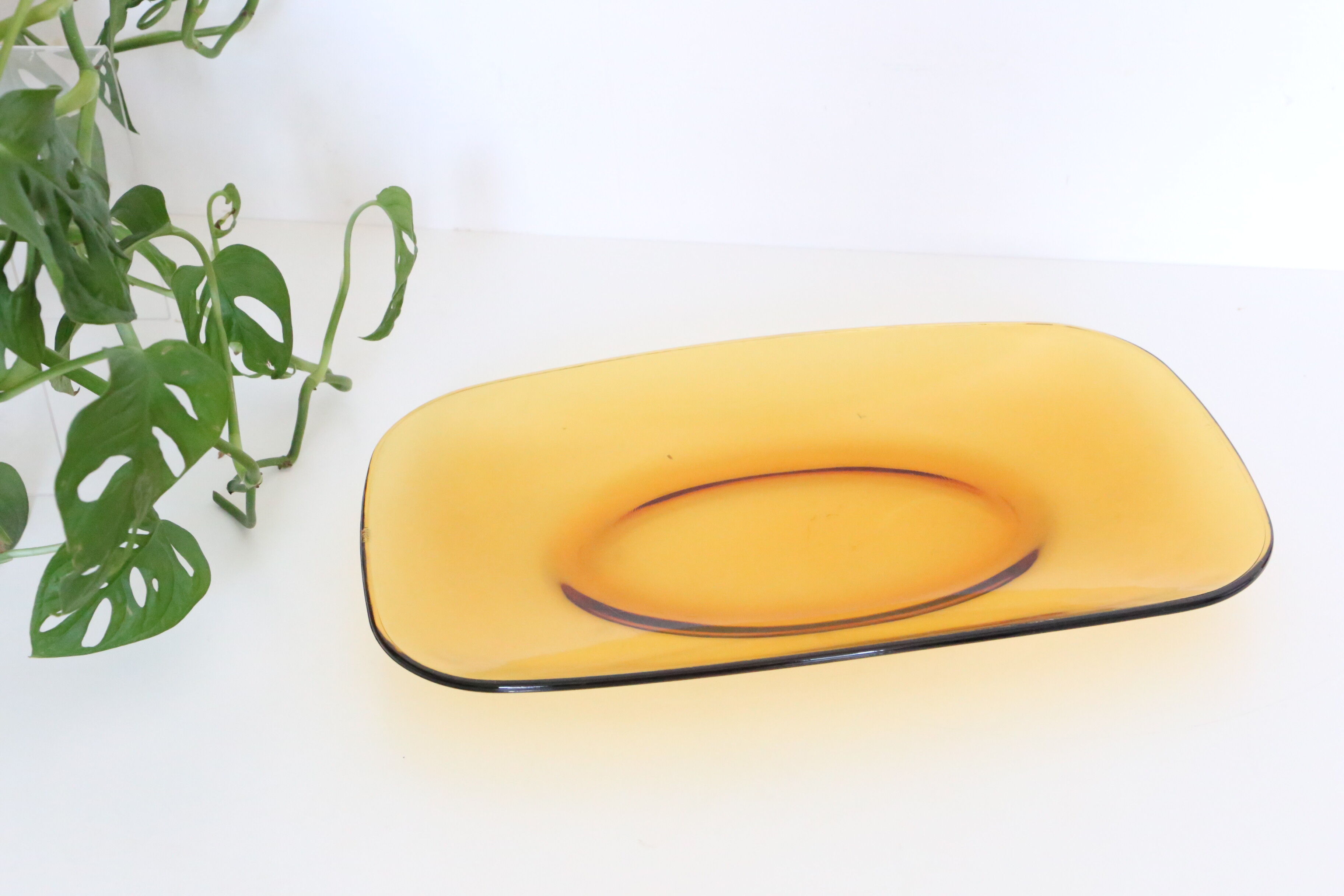 Rectangular amber glass dish, Vereco, vintage