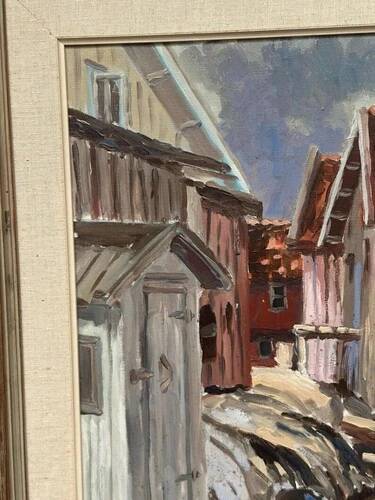 Mid Century Swedish Oil on Canvas “Red Cottages by Coast” Framed 51×59cm
