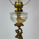 Kerosene lamp of patinated metal and shade of white opaline glass, 1860