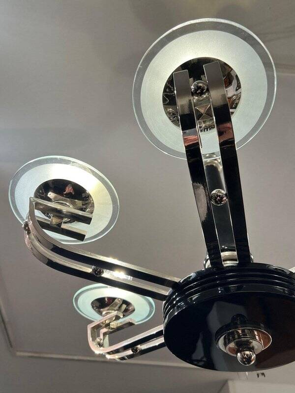 Chandelier Art Déco en laque noire et verre, 1930