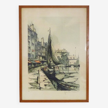 Lithograph Artist's proof "The port of Honfleur" by Jean Pierre Laurent Original and signed