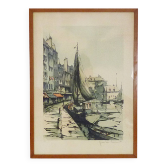 Lithographie Epreuve d'artiste "Le port de Honfleur" de Jean Pierre Laurent Originale et signée