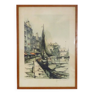 Lithograph Artist's proof "The port of Honfleur" by Jean Pierre Laurent Original and signed