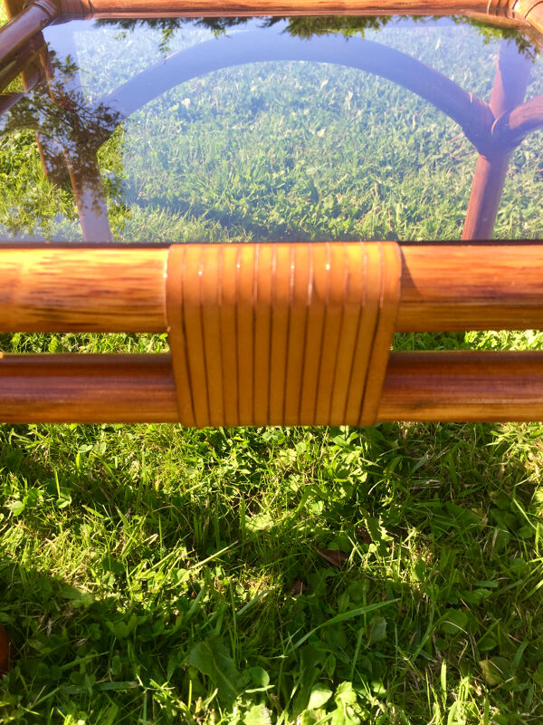 Table gigogne en bambou/ cuir et verre vintage