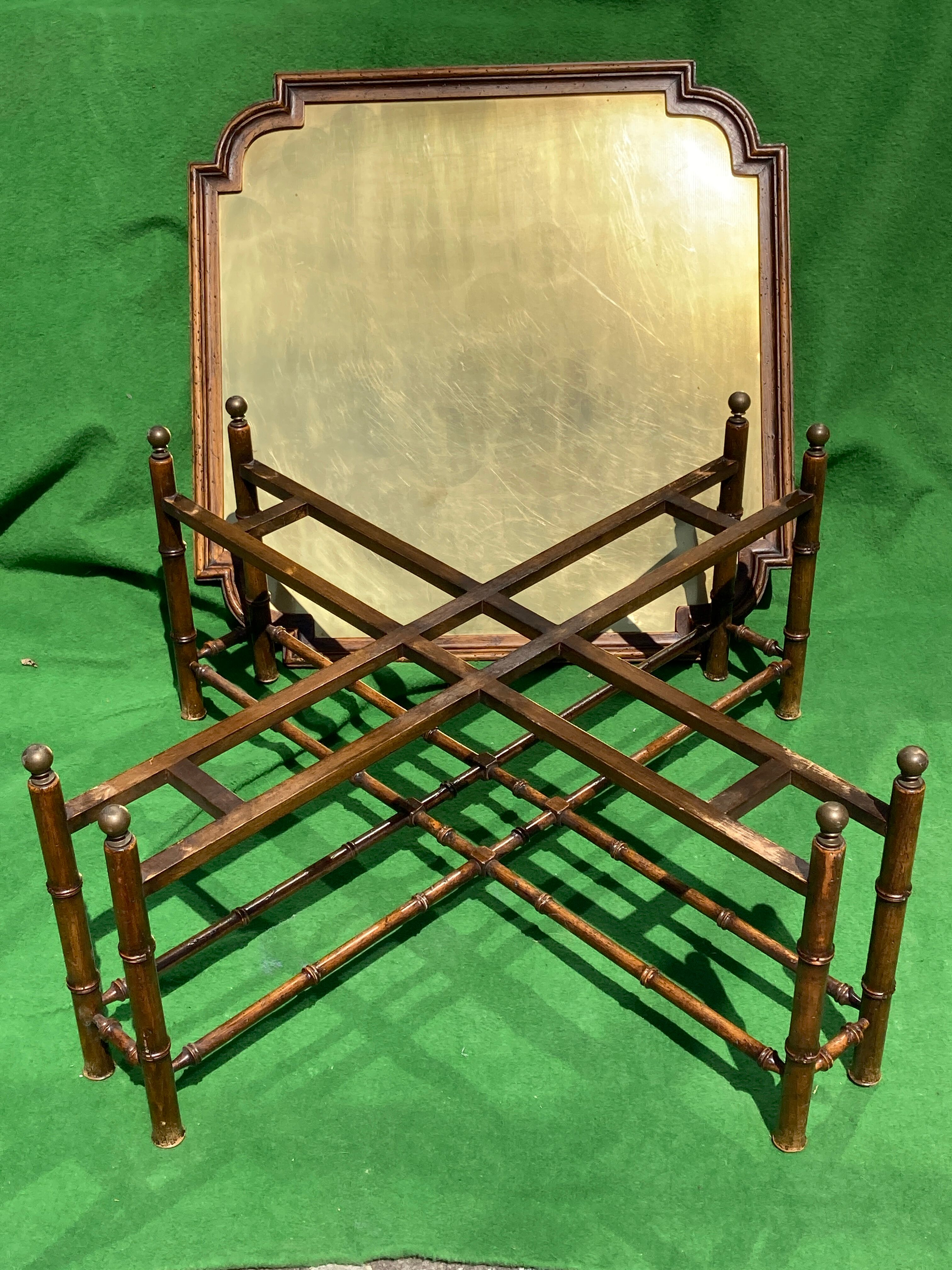 Midcentury Spanish "faux bamboo" coffee tray table with brass top