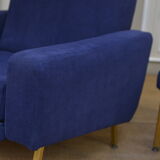 Pair of armchairs and ottoman vintage 1950 in blue velour and brass